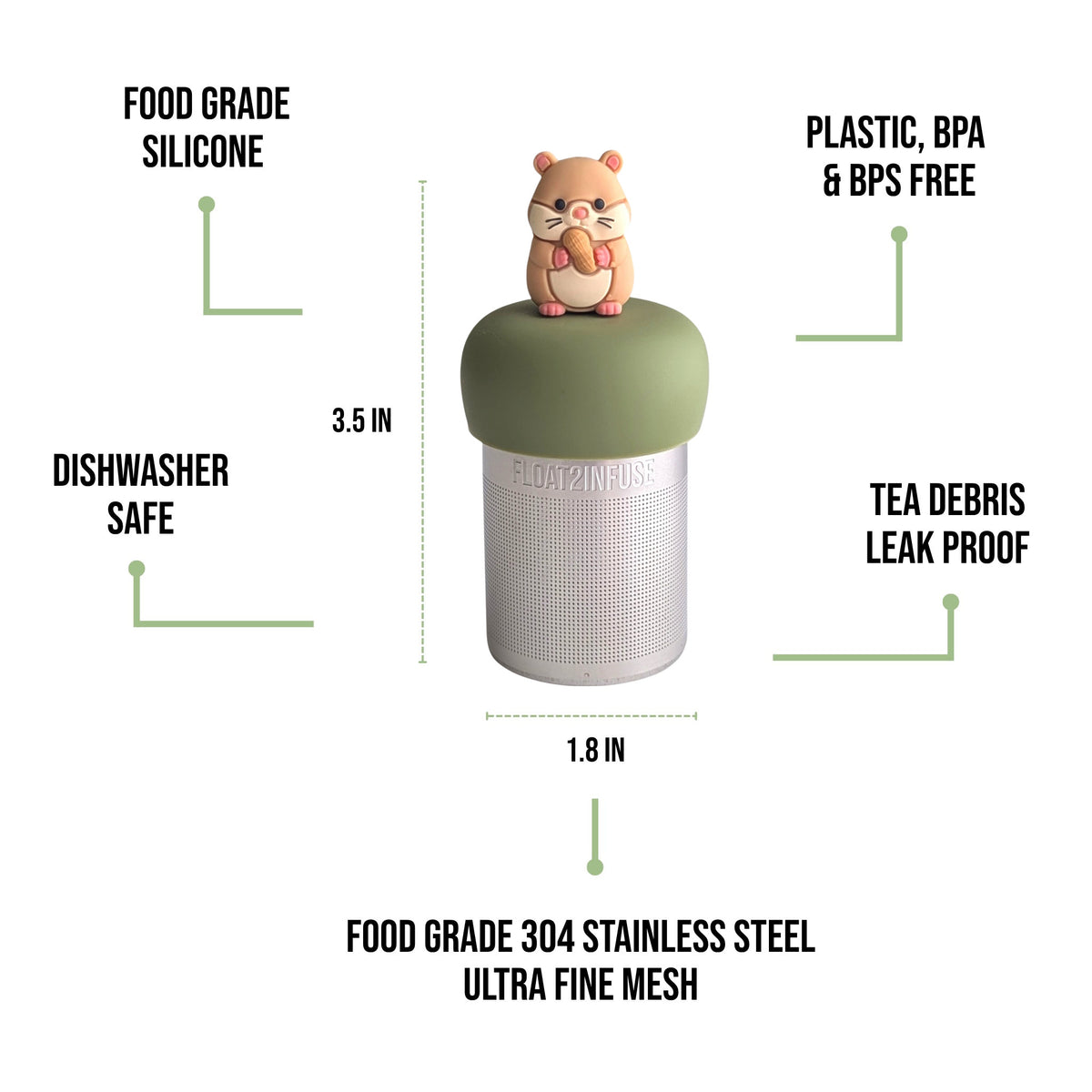 float2infuse tea infuser specs 3.5 in tall, 1.8 in wide, food-grade silicone, plastic/BPA/BPS free, dishwasher safe, 304 stainless steel ultra fine mesh on a white background image
