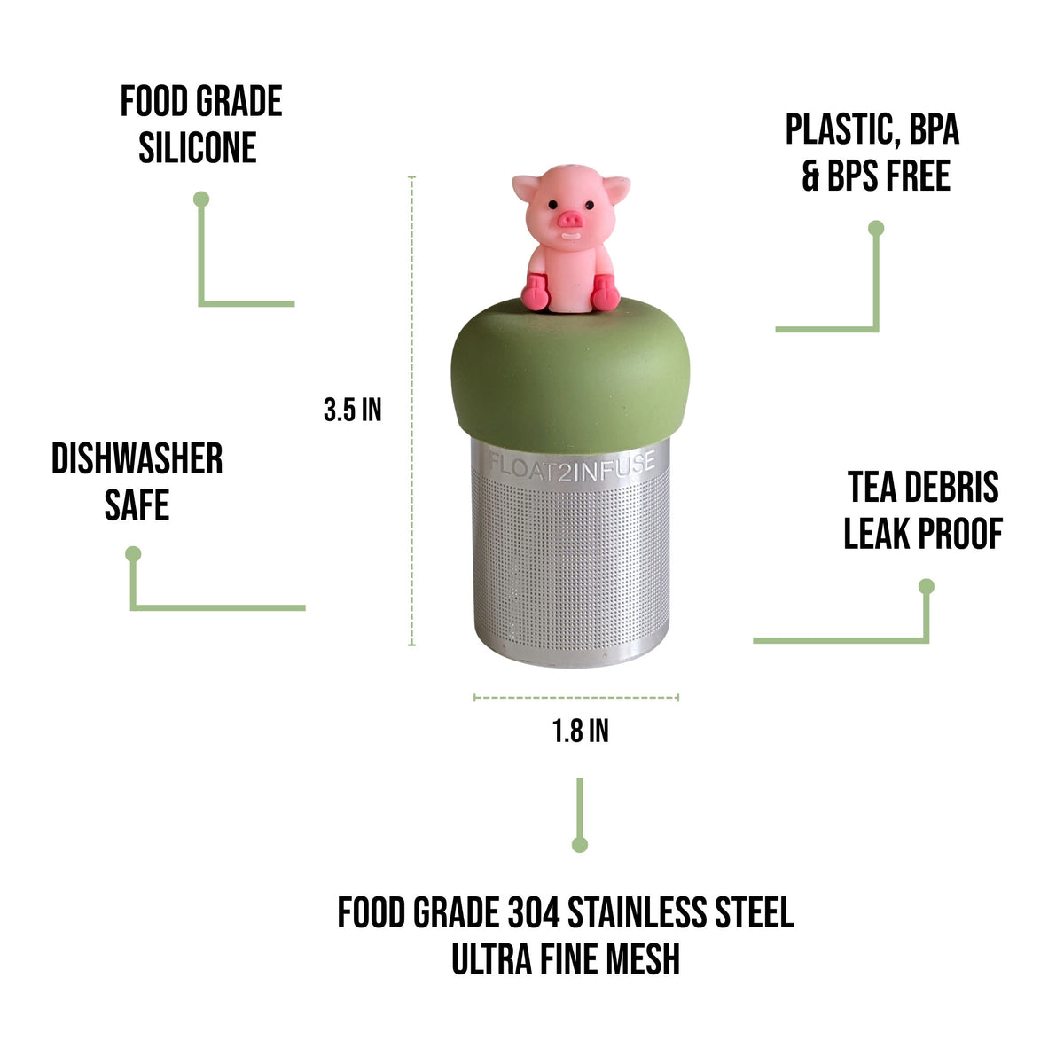 float2infuse tea infuser specs 3.5 in tall, 1.8 in wide, food-grade silicone, plastic/BPA/BPS free, dishwasher safe, 304 stainless steel ultra fine mesh on a white background image