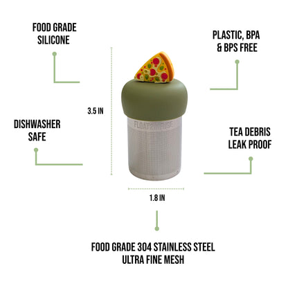 float2infuse tea infuser specs 3.5 in tall, 1.8 in wide, food-grade silicone, plastic/BPA/BPS free, dishwasher safe, 304 stainless steel ultra fine mesh on a white background image