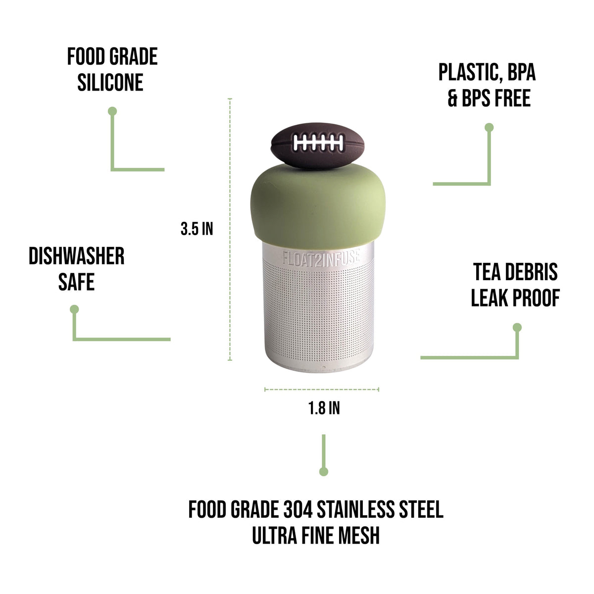 float2infuse tea infuser specs 3.5 in tall, 1.8 in wide, food-grade silicone, plastic/BPA/BPS free, dishwasher safe, 304 stainless steel ultra fine mesh on a white background image