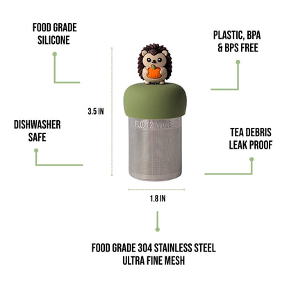 float2infuse tea infuser specs 3.5 in tall, 1.8 in wide, food-grade silicone, plastic/BPA/BPS free, dishwasher safe, 304 stainless steel ultra fine mesh on a white background image