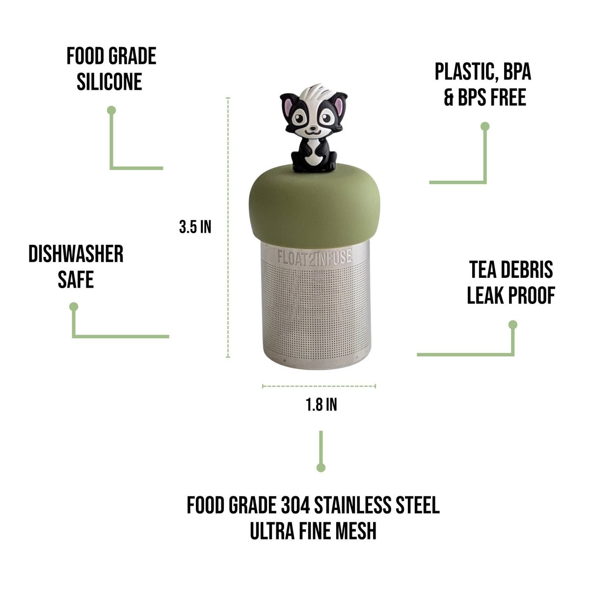 float2infuse tea infuser specs 3.5 in tall, 1.8 in wide, food-grade silicone, plastic/BPA/BPS free, dishwasher safe, 304 stainless steel ultra fine mesh on a white background image