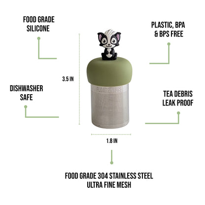 float2infuse tea infuser specs 3.5 in tall, 1.8 in wide, food-grade silicone, plastic/BPA/BPS free, dishwasher safe, 304 stainless steel ultra fine mesh on a white background image