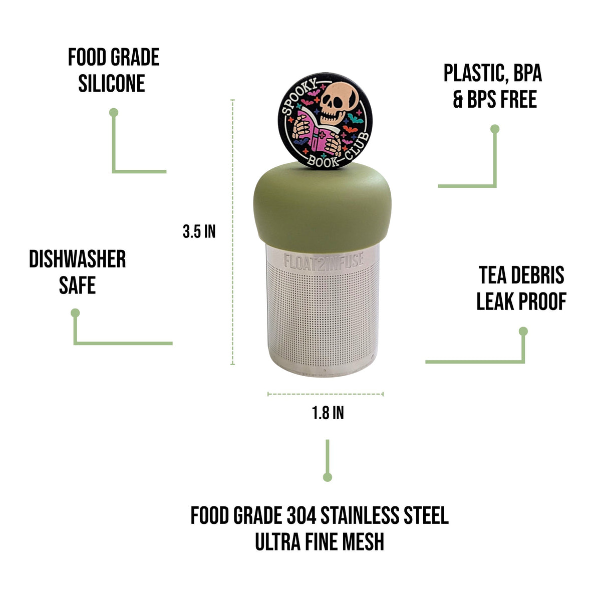 float2infuse tea infuser specs 3.5 in tall, 1.8 in wide, food-grade silicone, plastic/BPA/BPS free, dishwasher safe, 304 stainless steel ultra fine mesh on a white background image