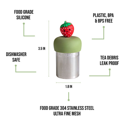 float2infuse tea infuser specs 3.5 in tall, 1.8 in wide, food-grade silicone, plastic/BPA/BPS free, dishwasher safe, 304 stainless steel ultra fine mesh on a white background image