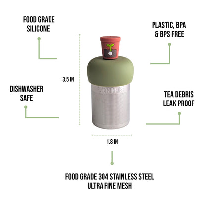 float2infuse tea infuser specs 3.5 in tall, 1.8 in wide, food-grade silicone, plastic/BPA/BPS free, dishwasher safe, 304 stainless steel ultra fine mesh on a white background image