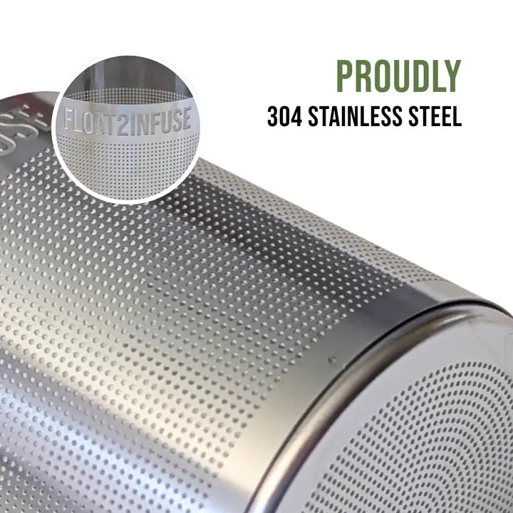 A white background graphic with a zoomed-in photo of an ultra-fine mesh 304 stainless steel tea basket from Float2infuse
