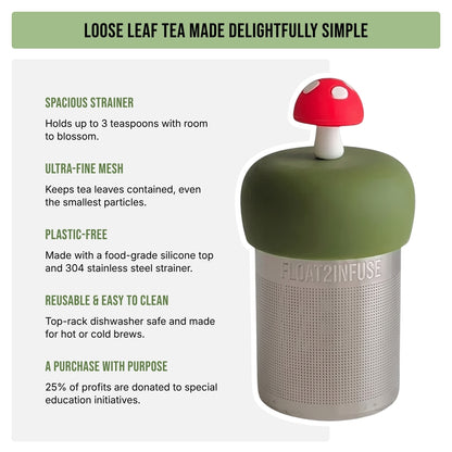 A floating infuser tea maker with an olive green top, silver mesh body, and red mushroom-shaped lid, shown on a white background with descriptive text about its features and a donation initiative.