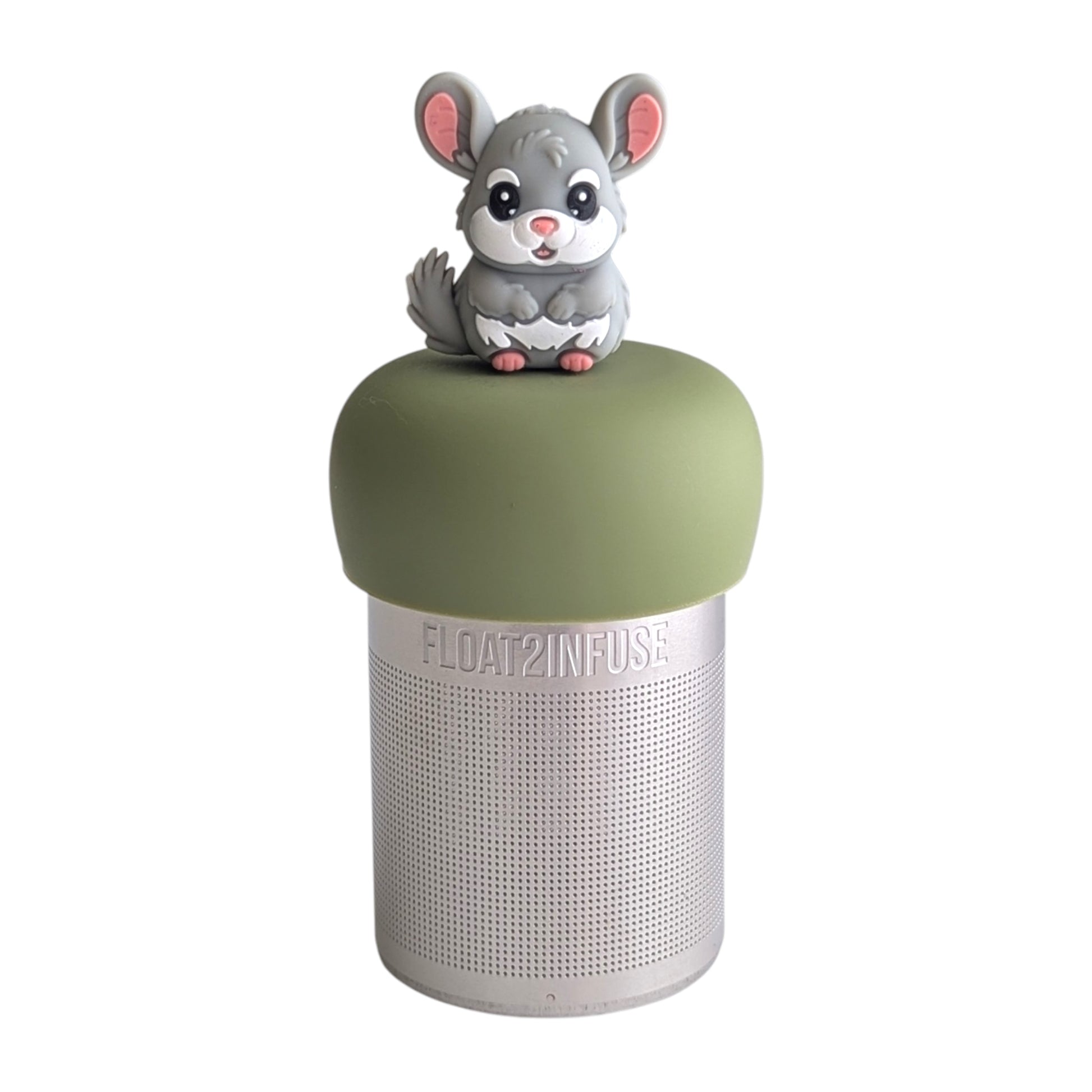 Happy grey chinchilla tea infuser for loose leaf tea with a fine mesh stainless steel tea strainer 
that reads FLOAT2INFUSE on a green base with a white background
