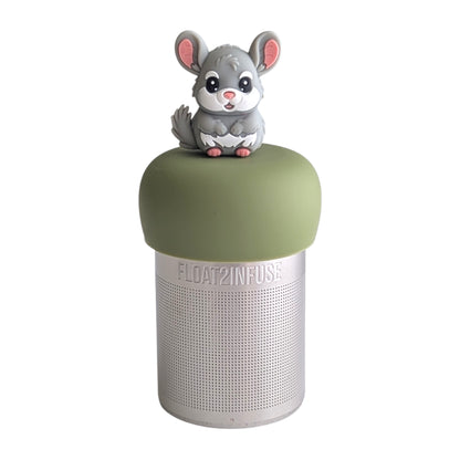 Happy grey chinchilla tea infuser for loose leaf tea with a fine mesh stainless steel tea strainer 
that reads FLOAT2INFUSE on a green base with a white background
