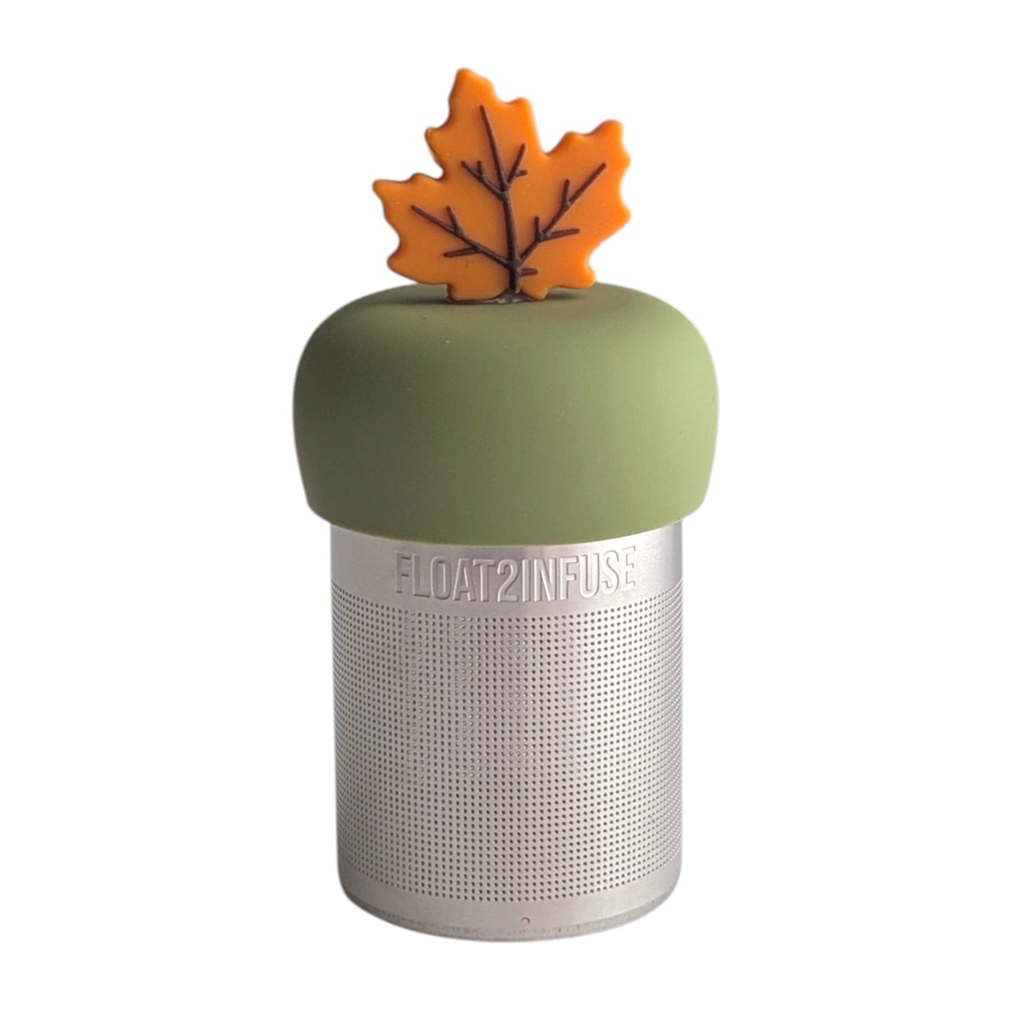 Orange fall maple leaf tea infuser for loose leaf tea with a fine mesh stainless steel tea strainer 
that reads FLOAT2INFUSE on a green base with a white background
