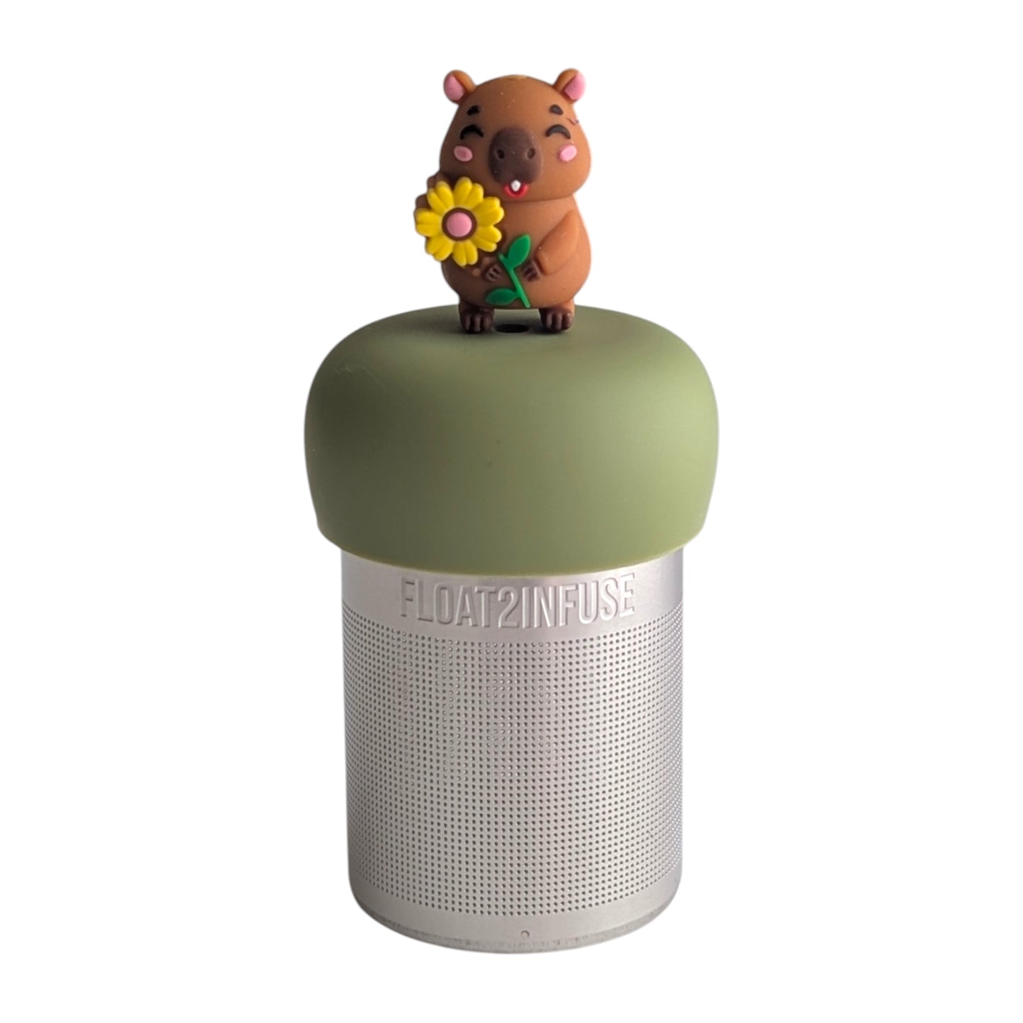 Smiling brown capybara holding a yellow sunfower tea infuser for loose leaf tea with a fine mesh stainless steel tea strainer 
that reads FLOAT2INFUSE on a green base with a white background
