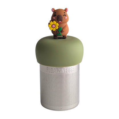 Smiling brown capybara holding a yellow sunfower tea infuser for loose leaf tea with a fine mesh stainless steel tea strainer 
that reads FLOAT2INFUSE on a green base with a white background
