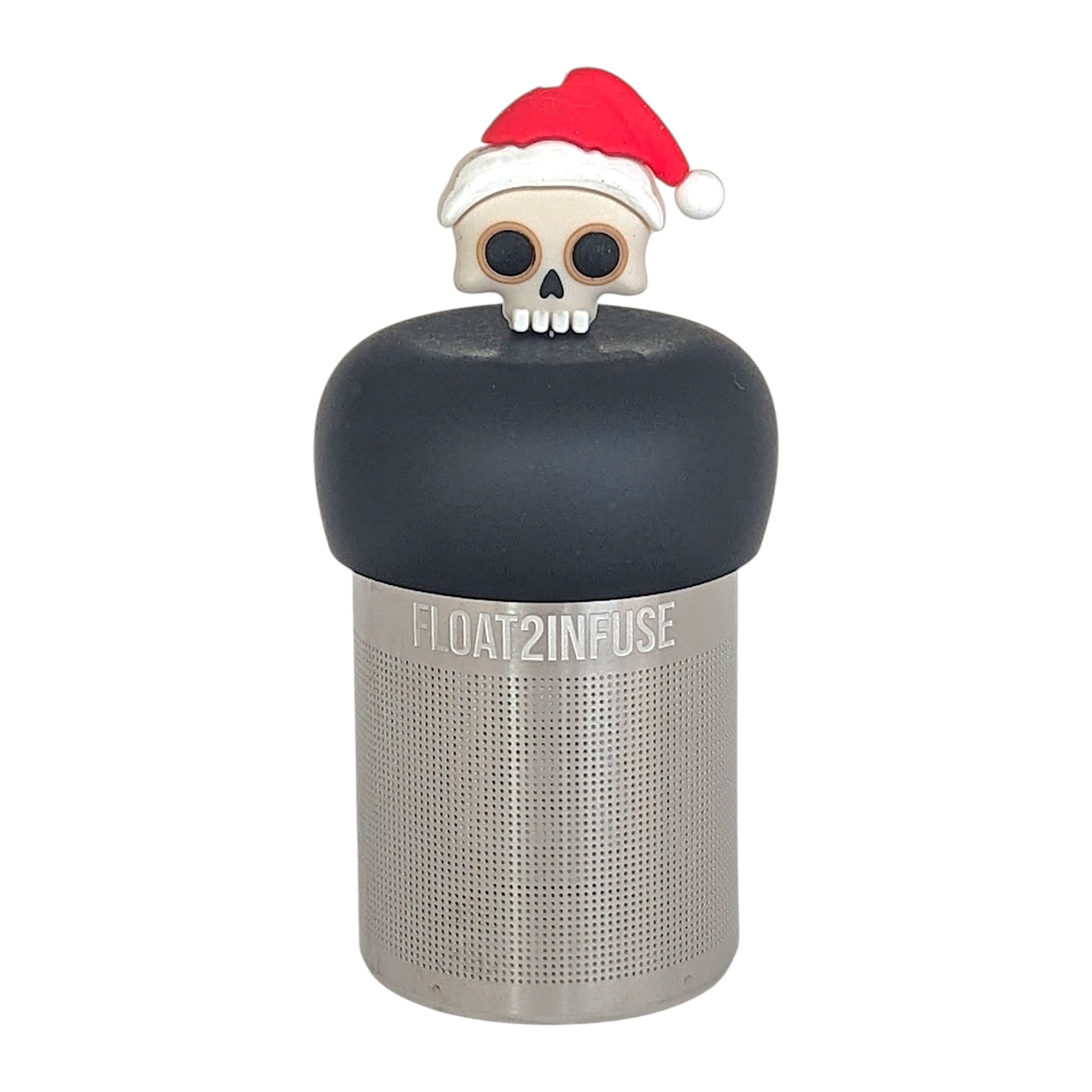 skull with a santa hat tea infuser for loose leaf tea  with a fine mesh stainless steel tea infuser that reads FLOAT2INFUSE on a black base with a white background
