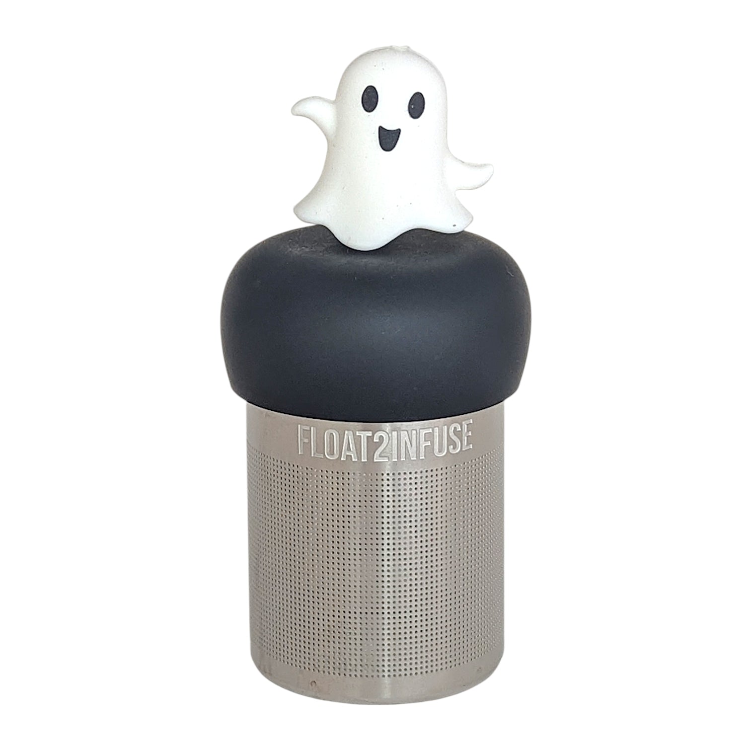 dancing white ghost tea infuser for loose leaf tea  with a fine mesh stainless steel tea infuser that reads FLOAT2INFUSE on a black base with a white background