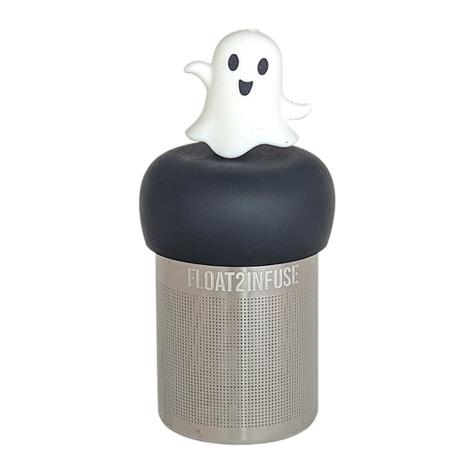 dancing white ghost tea infuser for loose leaf tea  with a fine mesh stainless steel tea infuser that reads FLOAT2INFUSE on a black base with a white background