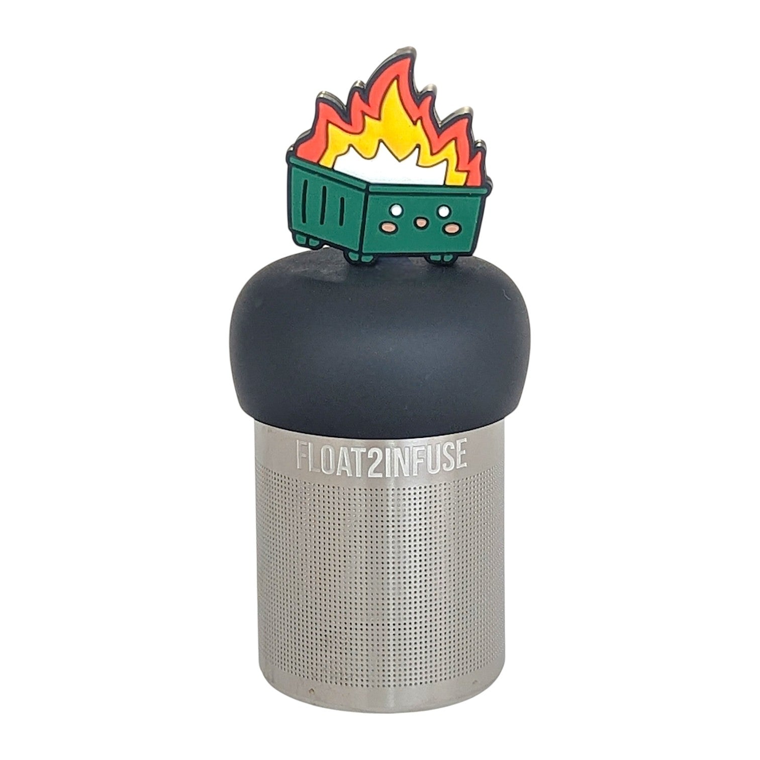 flames erupting out of the center of a happy green dumpster tea infuser for loose leaf tea  with a fine mesh stainless steel tea infuser that reads FLOAT2INFUSE on a black base with a white background
