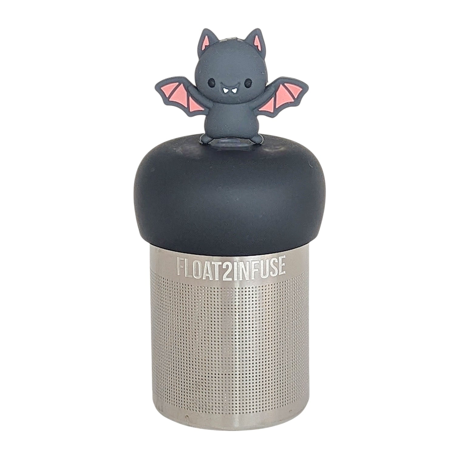 smiling grey and pink bat animal tea infuser for loose leaf tea  with a fine mesh stainless steel tea infuser that reads FLOAT2INFUSE on a black base with a white background