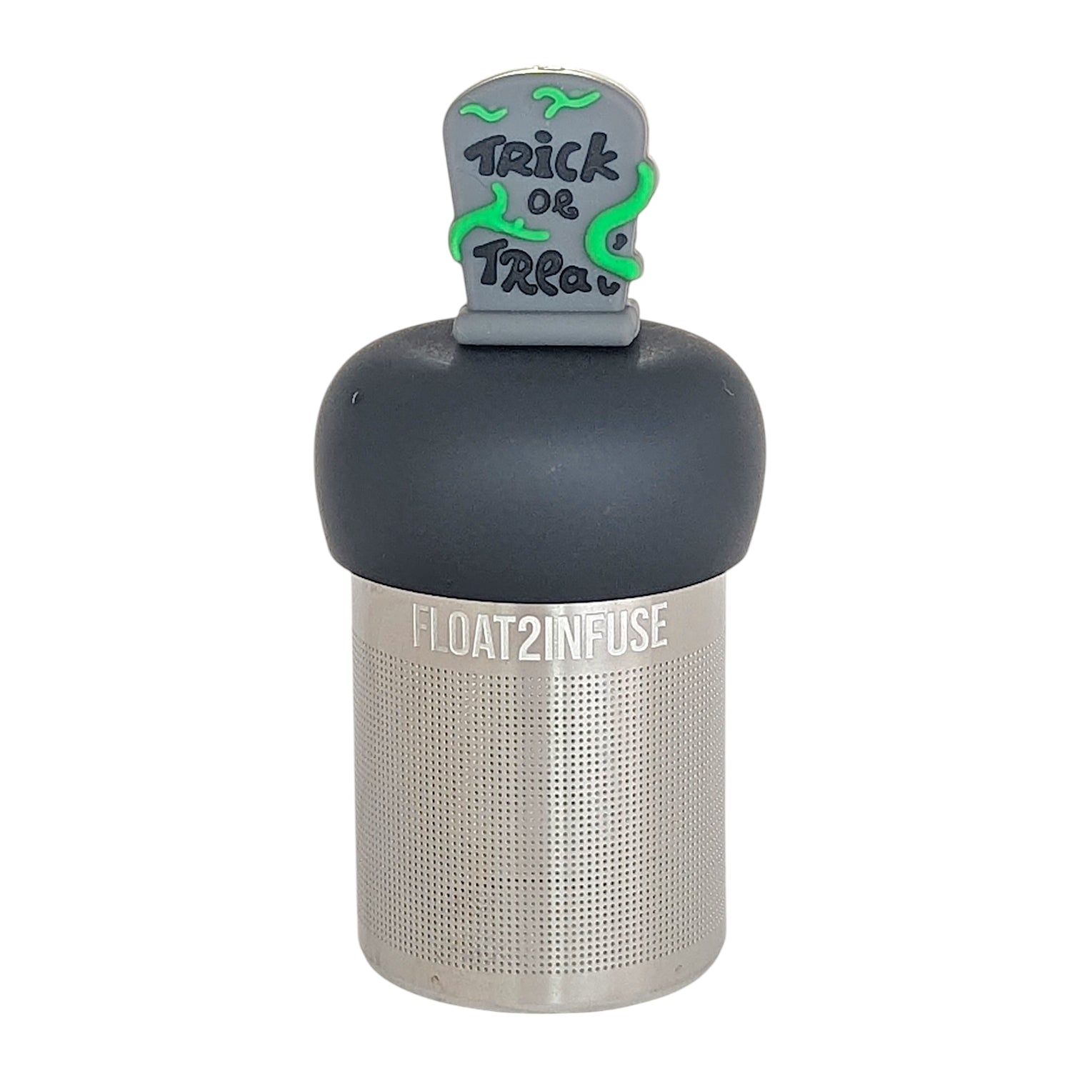 green vines wrap around a halloween themed tombstone with text that reads "trick or treat" tea infuser for loose leaf tea with a fine mesh stainless steel tea infuser that reads FLOAT2INFUSE on a black base with  a white background