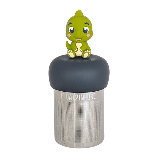 cute baby green dinosaur animal tea infuser for loose leaf tea  with a fine mesh stainless steel tea infuser that reads FLOAT2INFUSE on a black base with a white background