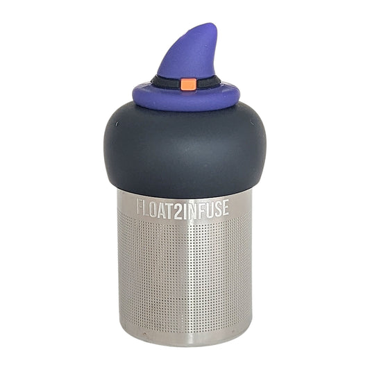 purple wizard hat tea infuser for loose leaf tea  with a fine mesh stainless steel tea infuser that reads FLOAT2INFUSE on a black base with a white background