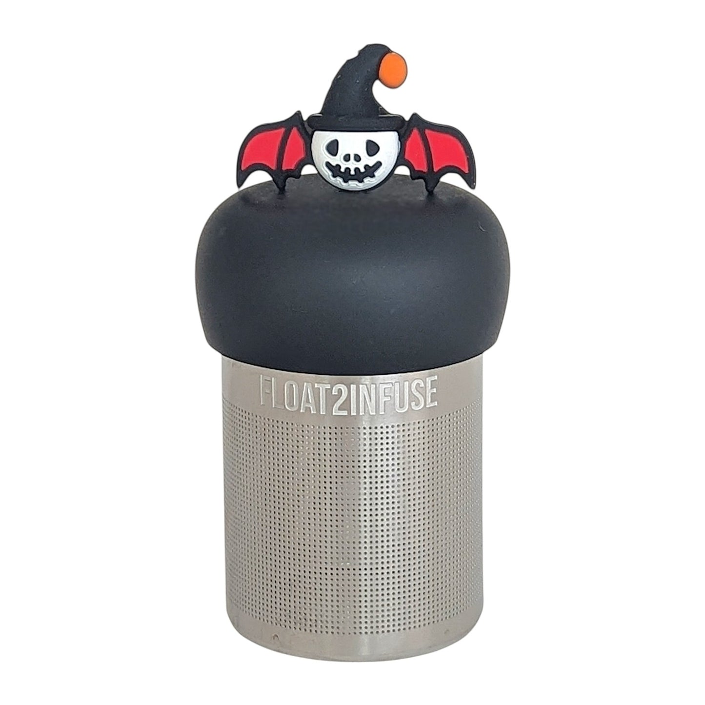 skull with bat wings and halloween hat tea infuser for loose leaf tea with a fine mesh stainless steel tea infuser that reads FLOAT2INFUSE on a black base with a white background