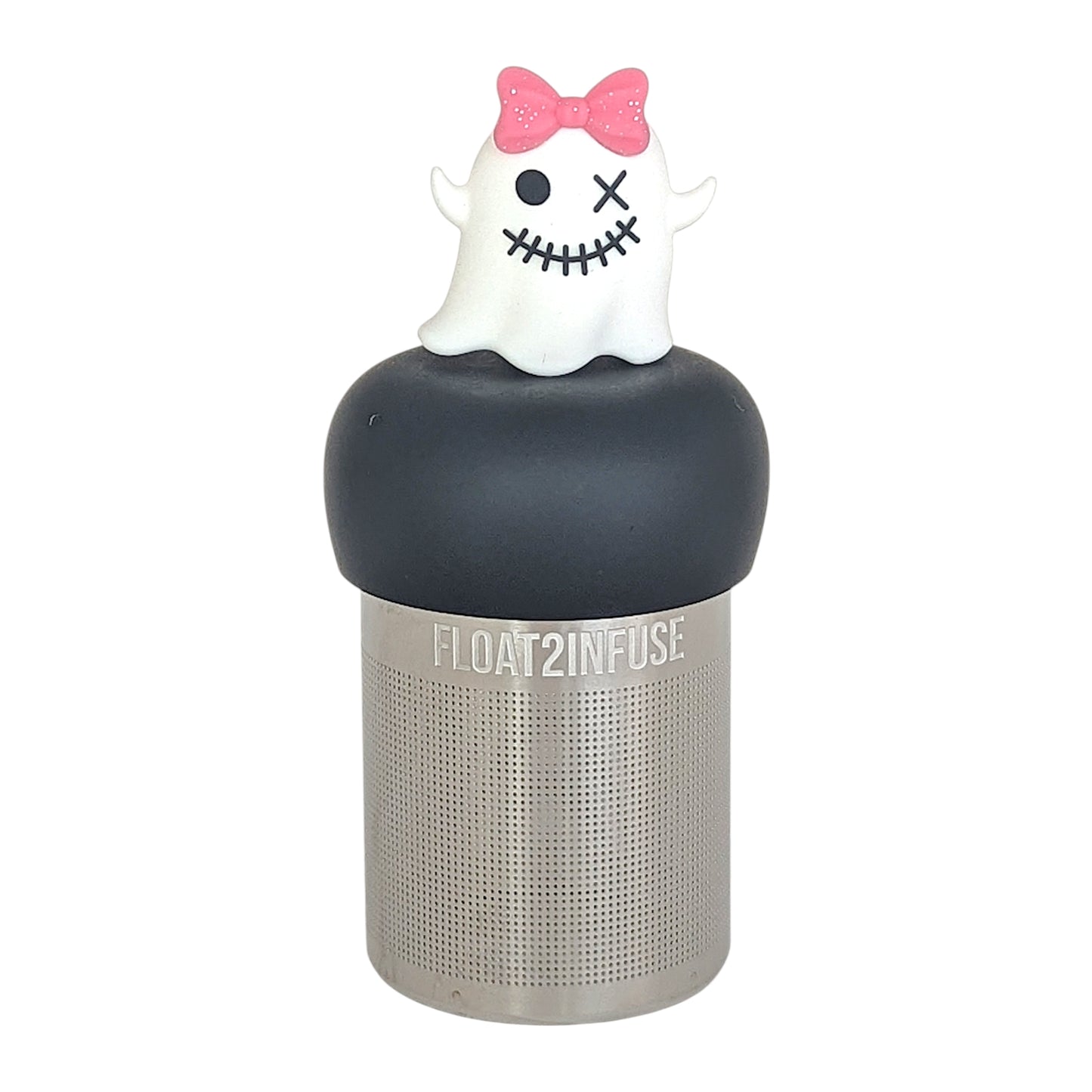 white zombie ghost with a glittery pink bow tea infuser for loose leaf tea  with a fine mesh stainless steel tea infuser that reads FLOAT2INFUSE on a black base with a white background