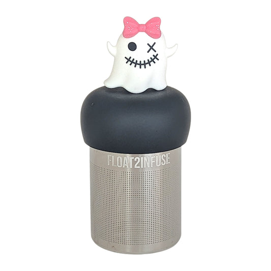 white zombie ghost with a glittery pink bow tea infuser for loose leaf tea  with a fine mesh stainless steel tea infuser that reads FLOAT2INFUSE on a black base with a white background