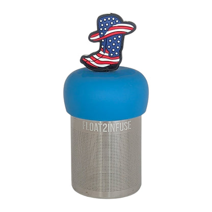 american flag patterned cowboy boots and hat tea infuser for loose leaf tea with a fine mesh stainless steel tea infuser that reads FLOAT2INFUSE on a blue base with a white background