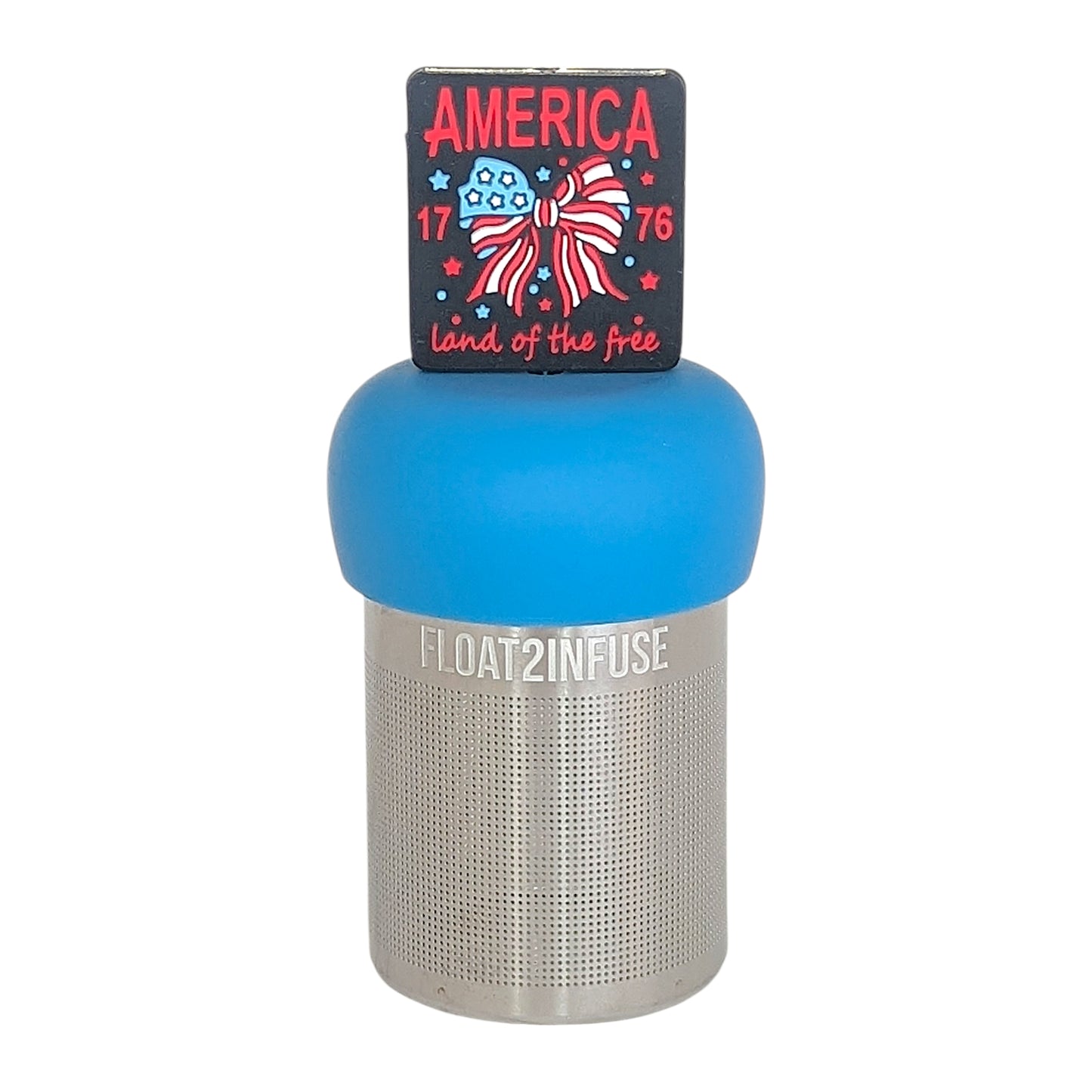 black square with text that reads "america land of the free 1776" that surrounds an american flag bow tea infuser for loose leaf tea  with a fine mesh stainless steel tea infuser that reads FLOAT2INFUSE on a blue base with a white background