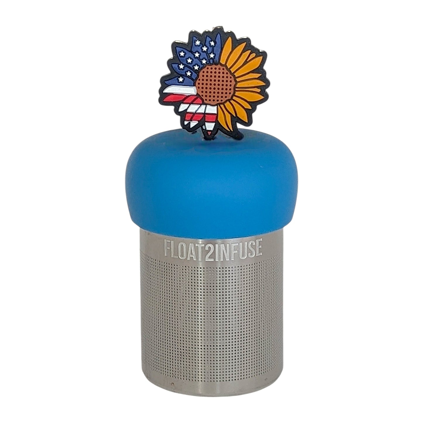American flag patterned sunflower tea infuser for loose leaf tea  with a fine mesh stainless steel tea infuser that reads FLOAT2INFUSE on a blue base with a white background