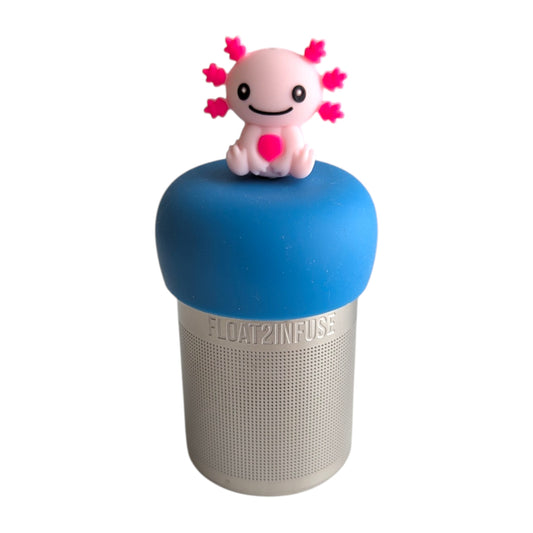 happy pink axolotl tea infuser for loose leaf tea with a fine mesh stainless steel tea strainer that reads FLOAT2INFUSE on a blue base with a white background