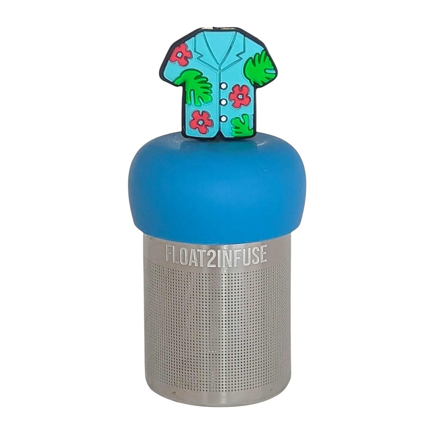 blue hawaiian shirt tea infuser for loose leaf tea  with a fine mesh stainless steel tea infuser that reads FLOAT2INFUSE on a blue base on a white background