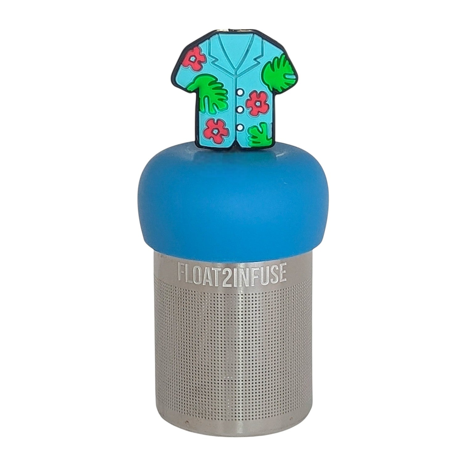 blue hawaiian shirt tea infuser for loose leaf tea  with a fine mesh stainless steel tea infuser that reads FLOAT2INFUSE on a blue base on a white background