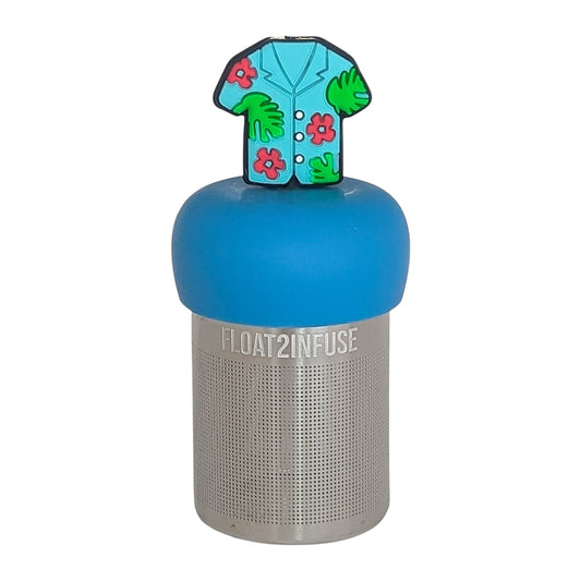blue hawaiian shirt tea infuser for loose leaf tea on a blue base with a fine mesh stainless steel tea infuser that reads FLOAT2INFUSE on a white background