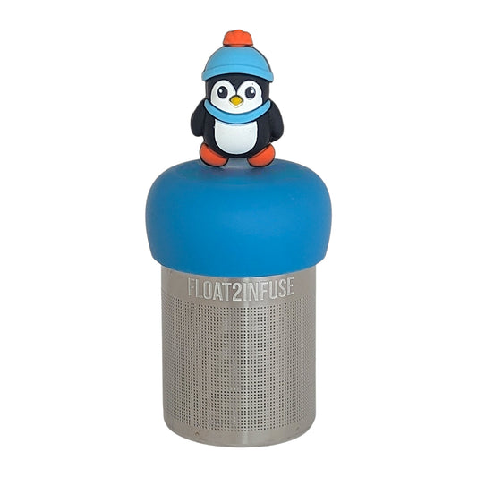 cute animal penguin wearing a blue hat and scarf tea infuser for loose leaf tea with a fine mesh stainless steel tea infuser that reads FLOAT2INFUSE on a blue base with a white background
