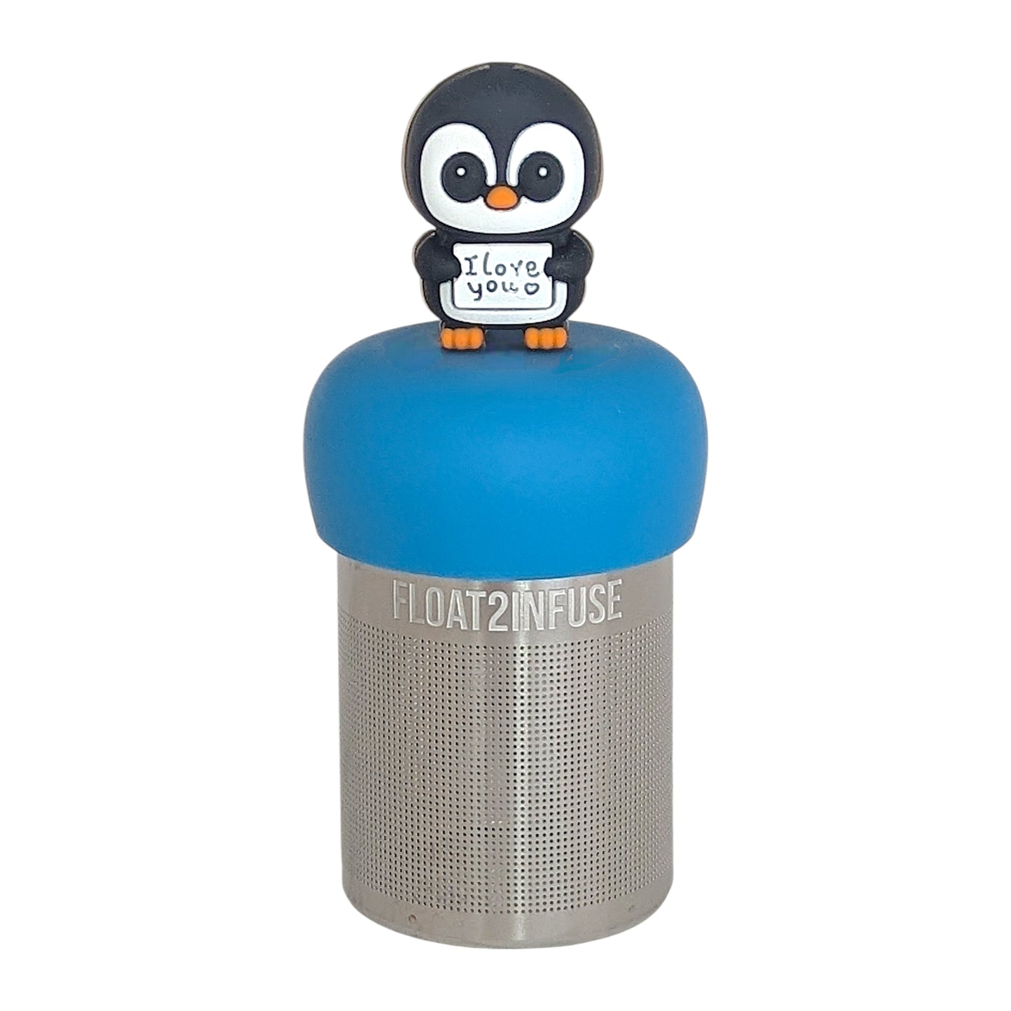 black and white penguin animal holding a sign with text that reads "i love you" tea infuser for loose leaf tea with a fine mesh stainless steel tea infuser that reads FLOAT2INFUSE on a blue base with a white background