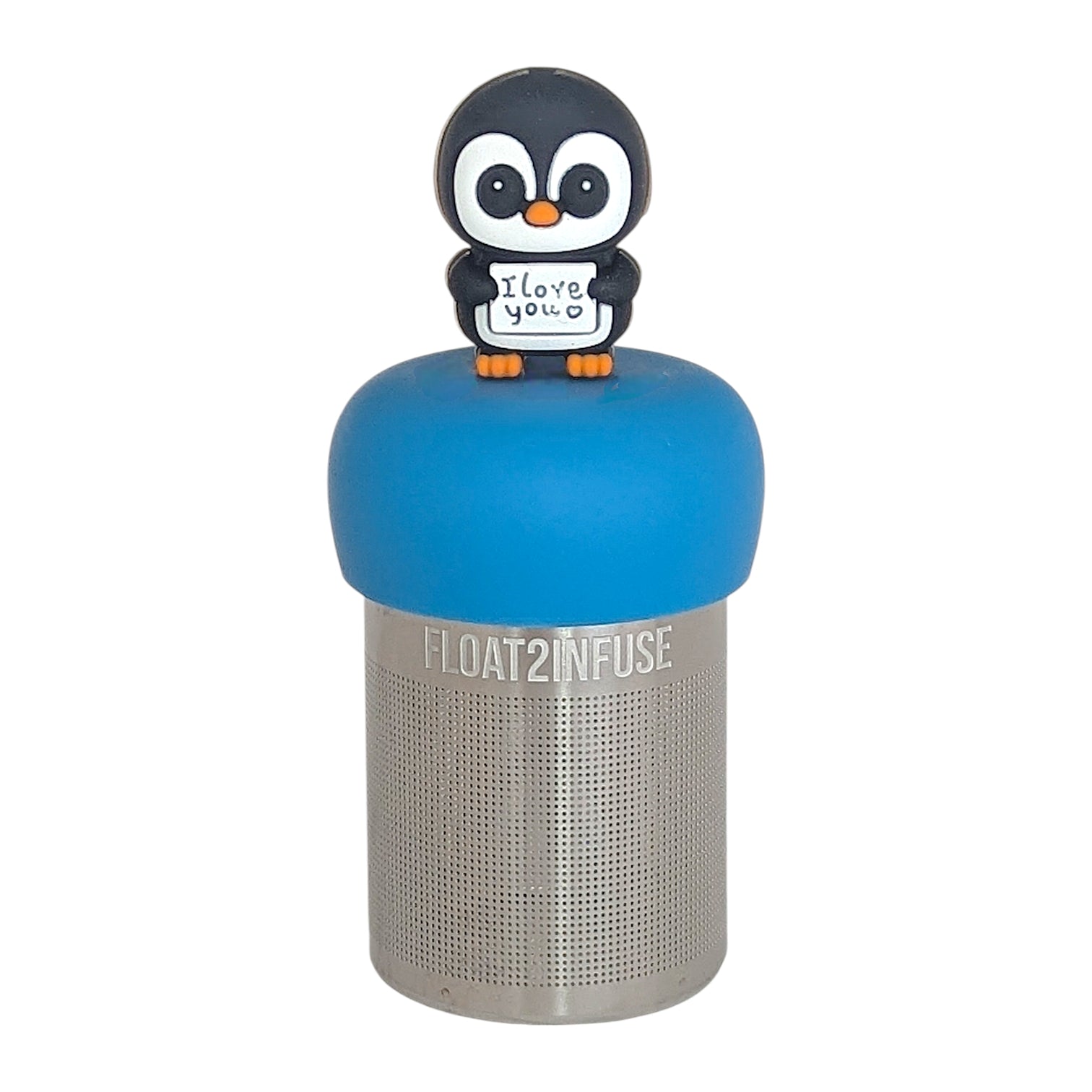 black and white penguin animal holding a sign with text that reads "i love you" tea infuser for loose leaf tea with a fine mesh stainless steel tea infuser that reads FLOAT2INFUSE on a blue base with a white background