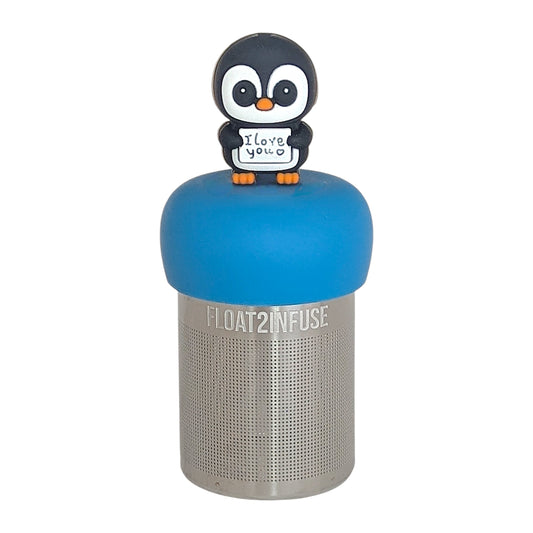 black and white penguin animal holding a sign with text that reads "i love you" tea infuser for loose leaf tea with a fine mesh stainless steel tea infuser that reads FLOAT2INFUSE on a blue base with a white background