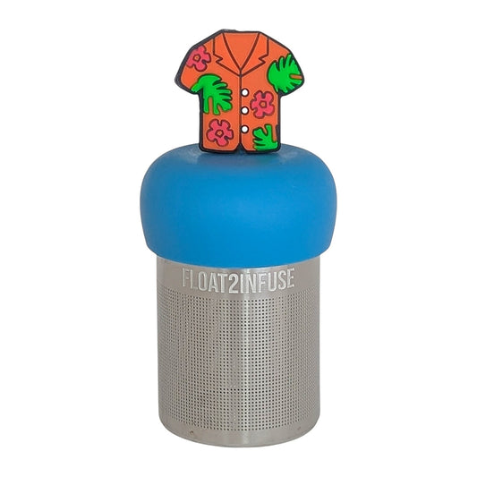 orange hawaiian shirt tea infuser for loose leaf tea on a blue base with a fine mesh stainless steel tea infuser that reads FLOAT2INFUSE on a white background
