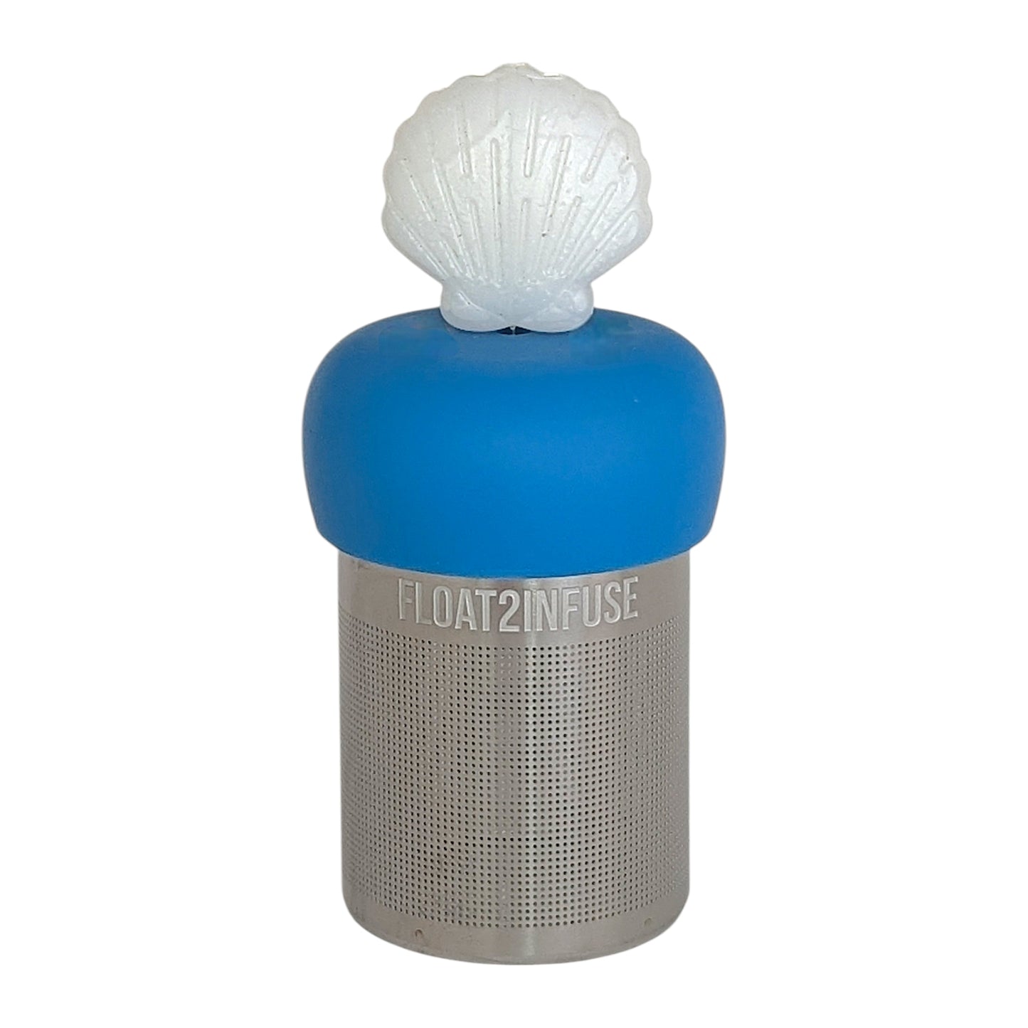 white scallop shell tea infuser for loose leaf tea on a blue base with a fine mesh stainless steel tea infuser that reads FLOAT2INFUSE on a white background