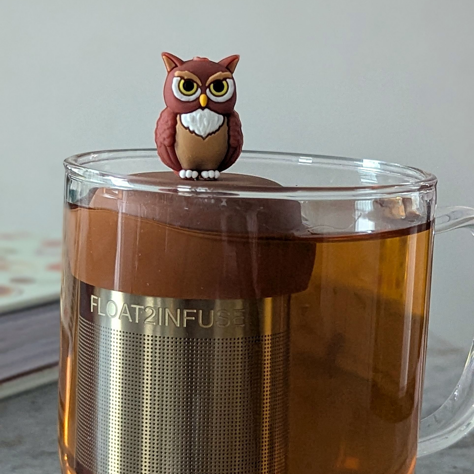 Brown owl tea infuser for loose leaf tea with a fine mesh stainless steel tea strainer 
that reads FLOAT2INFUSE on a brown base floating in a glass tea mug 
with a book in the background
