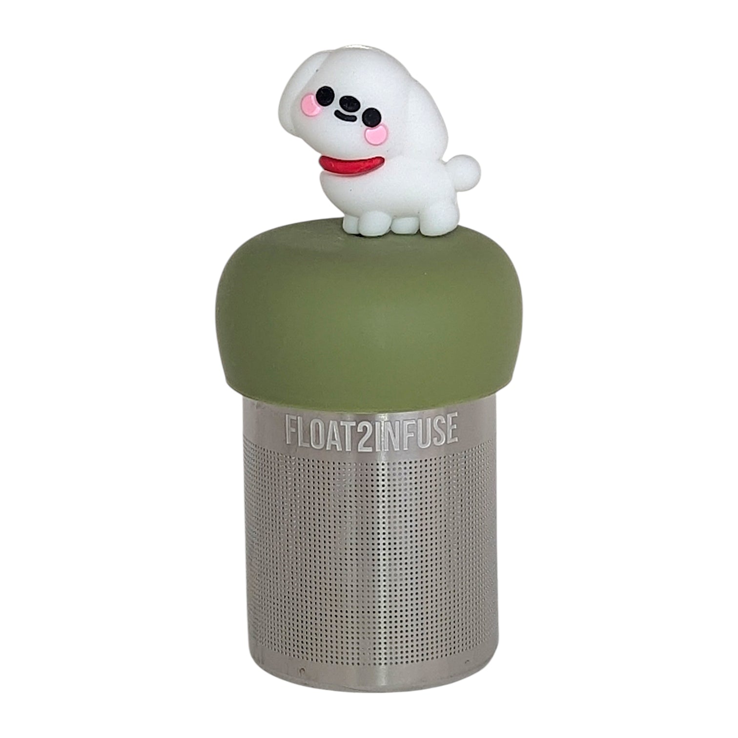 cute white maltese dog animal tea infuser for loose leaf tea  with a fine mesh stainless steel tea infuser that reads FLOAT2INFUSE on a green base with a white background