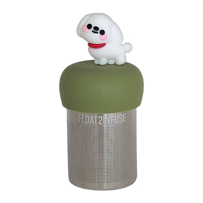 cute white maltese dog animal tea infuser for loose leaf tea  with a fine mesh stainless steel tea infuser that reads FLOAT2INFUSE on a green base with a white background