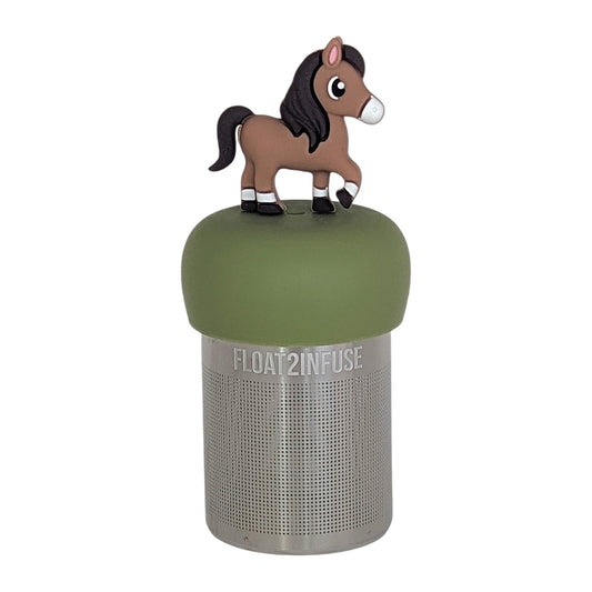 brown horse animal tea infuser for loose leaf tea  with a fine mesh stainless steel tea infuser that reads FLOAT2INFUSE on a green base with a white background