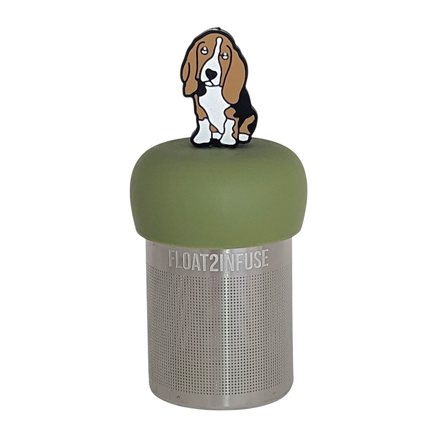 brown and white basset hound dog animal  tea infuser for loose leaf tea  with a fine mesh stainless steel tea infuser that reads FLOAT2INFUSE on a green base with a white background
