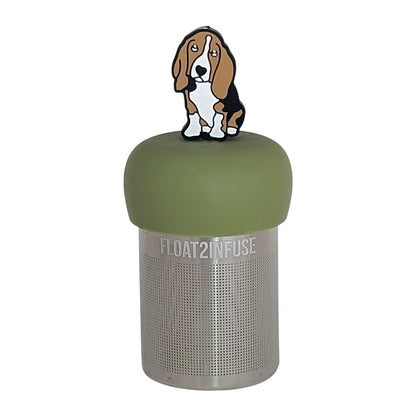 brown and white basset hound dog animal  tea infuser for loose leaf tea  with a fine mesh stainless steel tea infuser that reads FLOAT2INFUSE on a green base with a white background