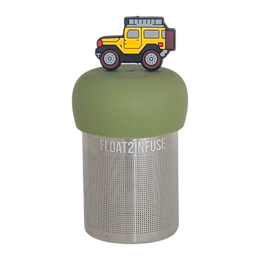 yellow jeep tea infuser for loose leaf tea  with a fine mesh stainless steel tea infuser that reads FLOAT2INFUSE on a green base with a white background
