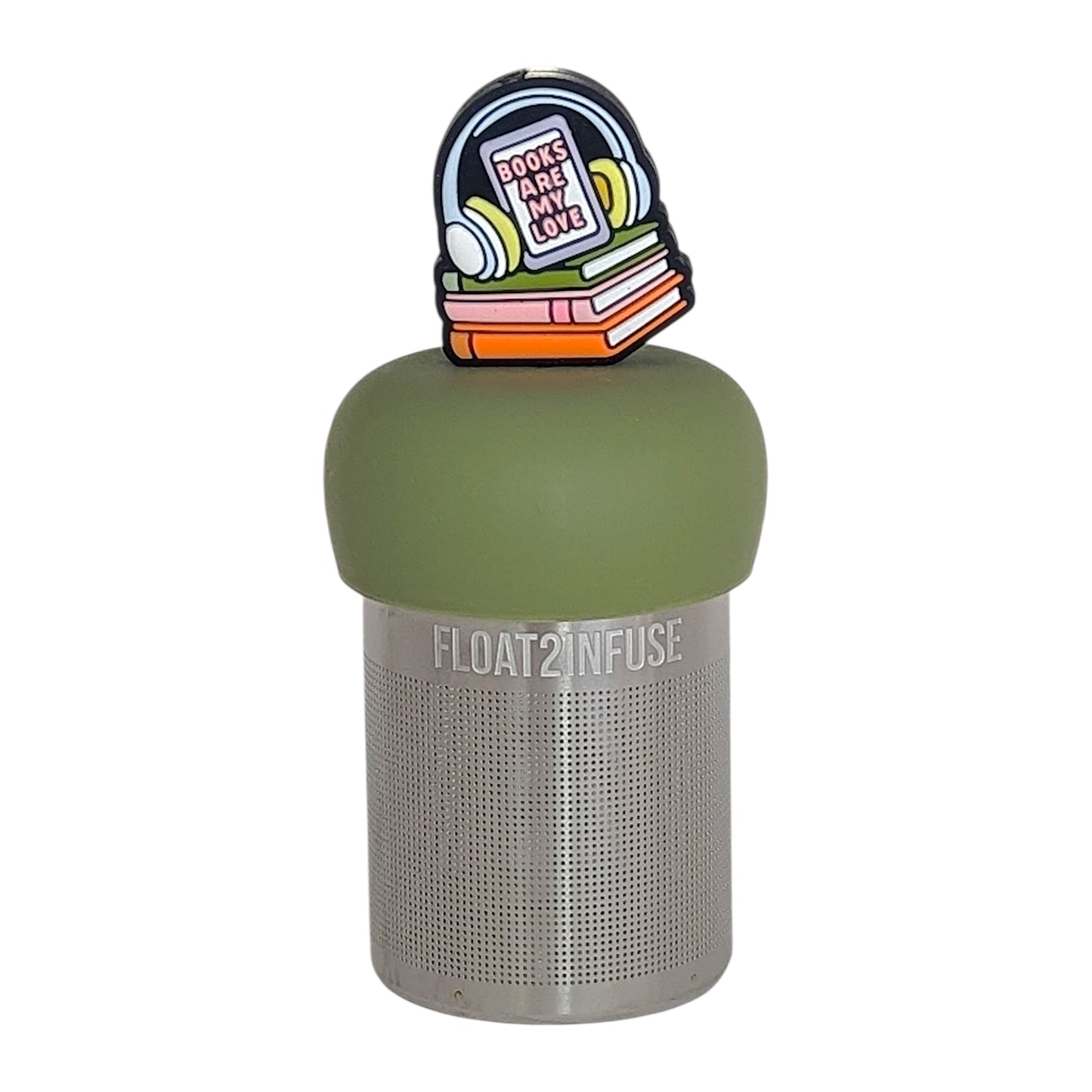headphones on top of books that reads "books are my love" tea infuser for loose leaf tea with a fine mesh stainless steel tea infuser that reads FLOAT2INFUSE on a green base with a white background