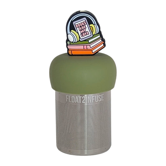 headphones on top of books that reads "books are my love" tea infuser for loose leaf tea with a fine mesh stainless steel tea infuser that reads FLOAT2INFUSE on a green base with a white background